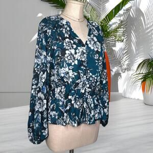 PARKER Blouson Peplum Blouse Floral Green Drawstring Festival Cottagecore Small